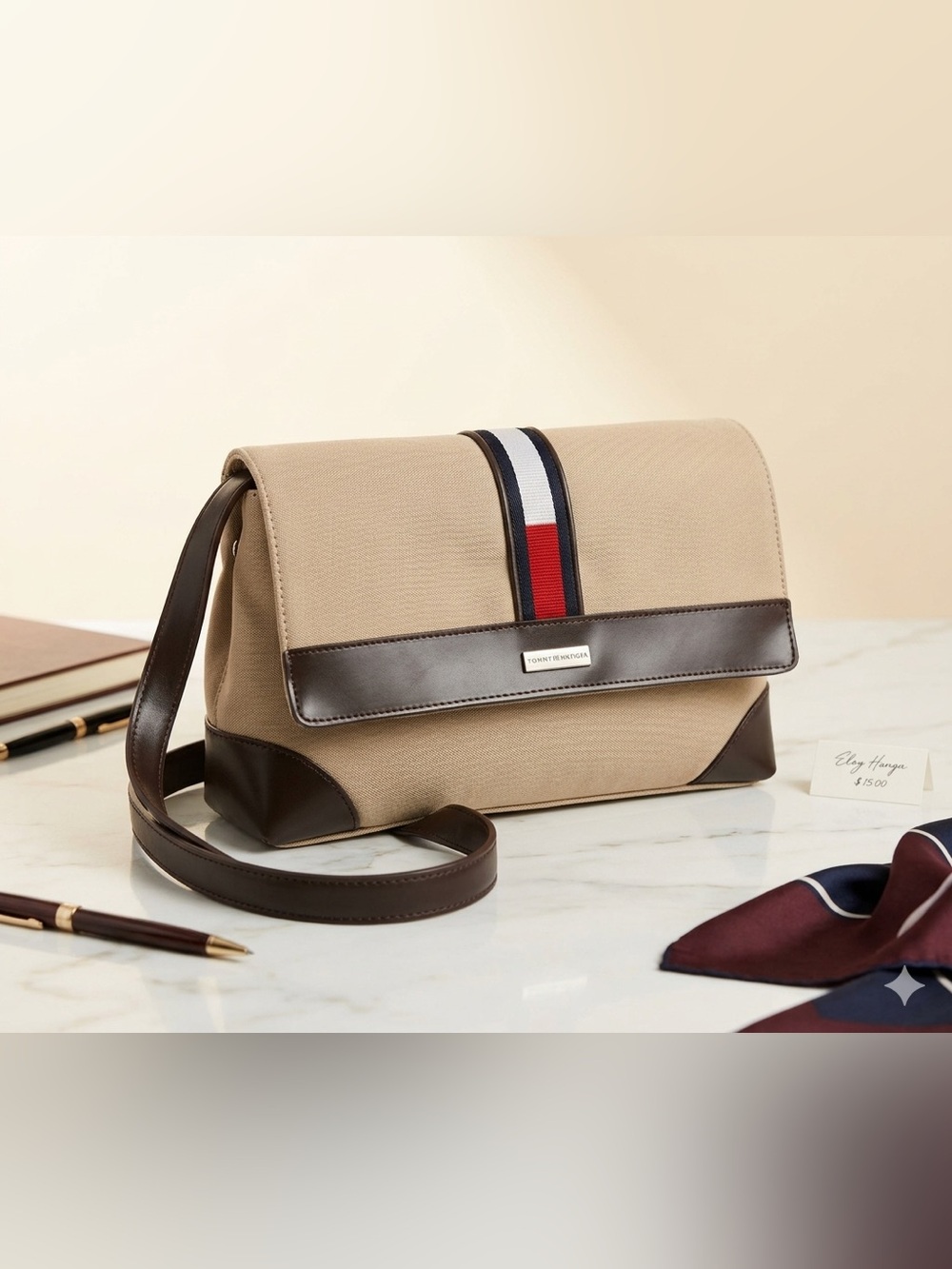 Tommy Hilfiger Beige and Dark Brown Messenger Bag